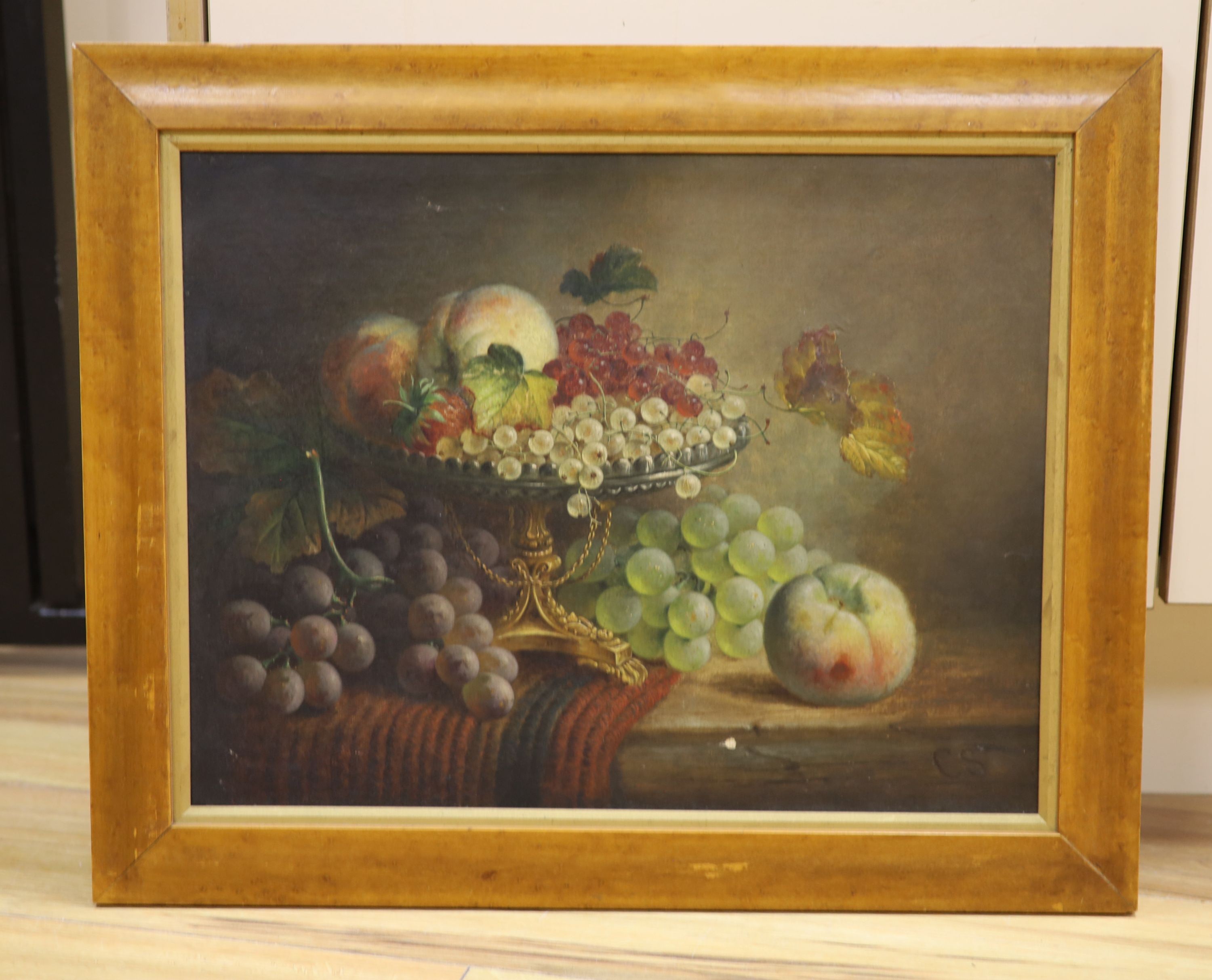 CS (19th century), oil on canvas, Still life of fruit in a tazza on a table top, initialled, 34 x 44cm